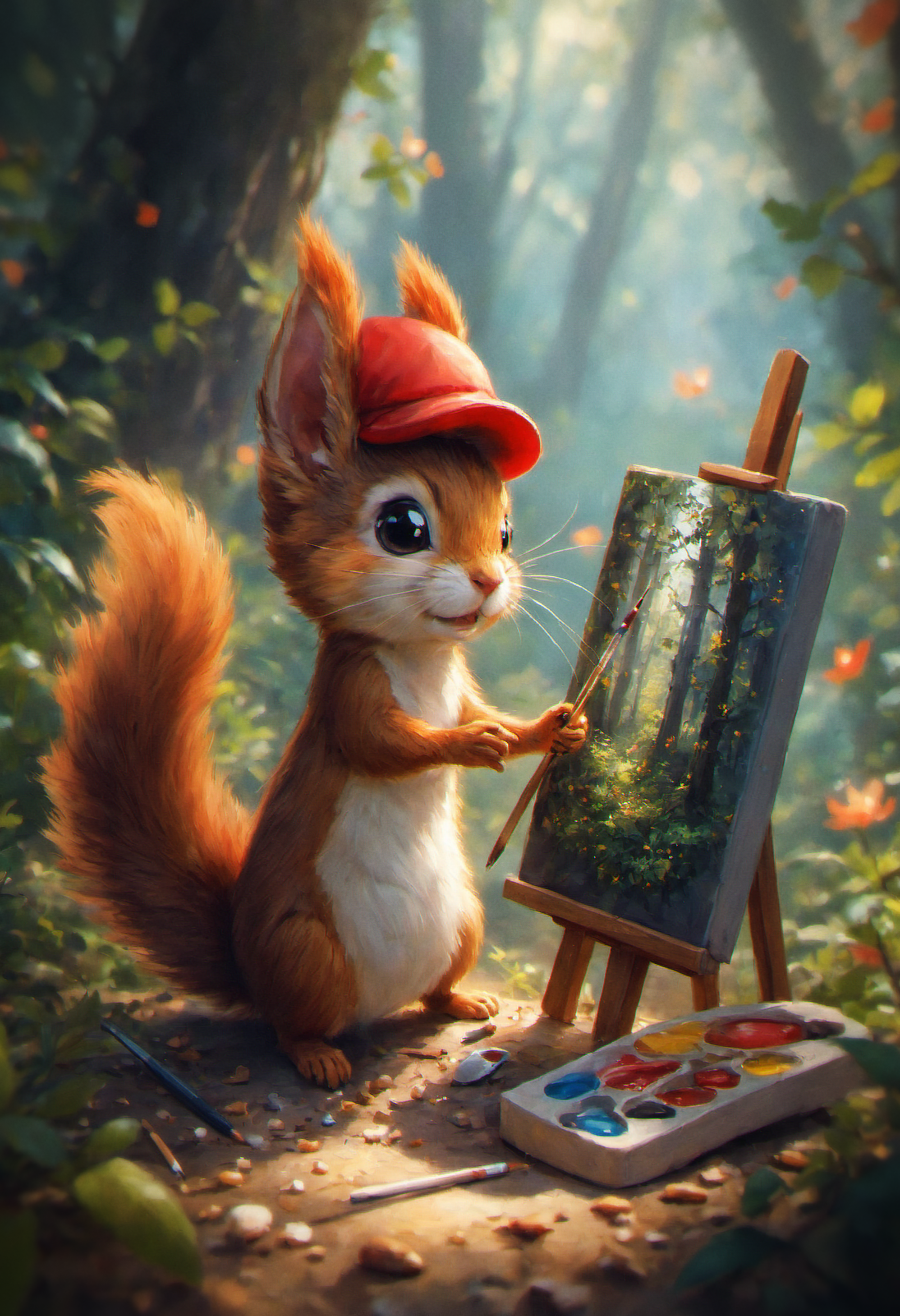 hyper detailed, 4k, masterpiece, An adorable squirrel with a bushy tail, wearing a tiny red beret tilted to the side and holding a delicate paintbrush in its tiny paw. It stands in front of a small easel with a canvas showing a colorful painting of an acorn-filled forest. The scene is set in a lush, green forest clearing with rays of sunlight filtering through the trees, casting a warm glow on the squirrel and its art supplies scattered around, including a palette with vibrant colors.
