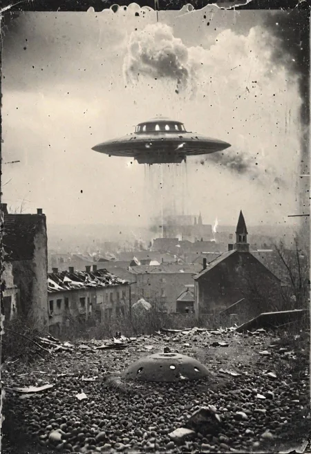 B&W 35mm vintage photo of a UFO in a WW2 picture, destroyed city backdrop