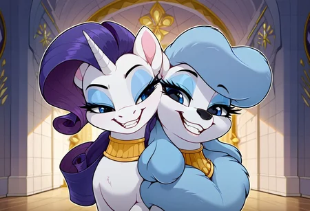 (aerozerorisk), score_9, score_8_up, score_7_up, source_furry, source_cartoon, highly detailed macro illustration, intricate details, high resolution, sharp focus, best render quality, high res, safe, (inside mansion, hallway, marble, detailed background), duo, 2girls, two girls, female, close-up on face, bust shot, my little pony the movie, BREAK (georgette_oliver, feral, georgette has a black nose, poodle, canine female), beautiful, beautiful detailed eyes, purple eyes, blue hair, (Expressiveh, seductive look, bedroom eyes, smug, fangs, grin), Rarity, feral, pony, side by side