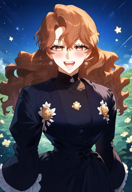 zPDXL3, score_9_up, score_8_up, score_7_up, (Anime_source), 1girl,Dillon brown eyes, brown hair, long hair, Dillon black dress, looking at viewer, particles, smile, half open mouth, cowboy shot, star(sky), half closed eyes, blush, indoor, night