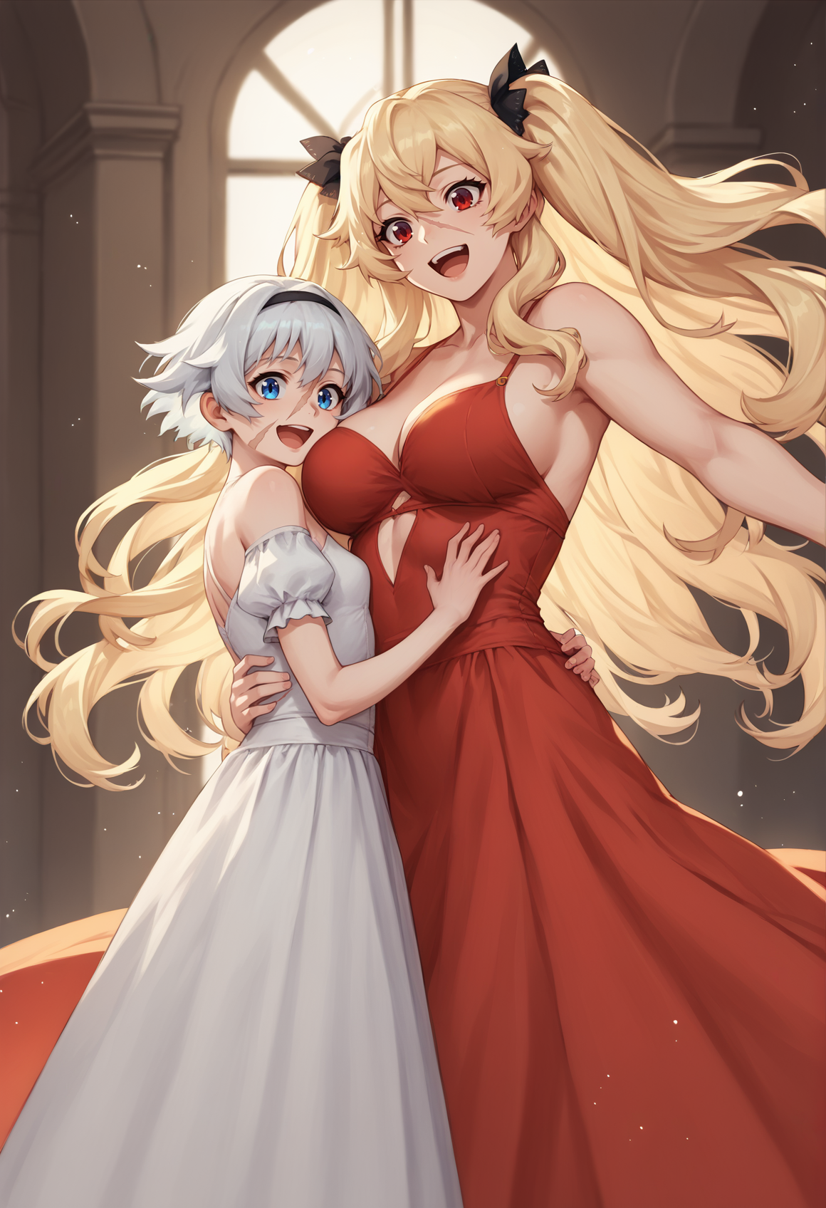 2girls, Mary, Anne, big breasts, blonde hair, long hair, twintails, red eyes, small breasts, grey hair, short hair, blue eyes, scar on face, height difference, dress, dancing, indoors, ballroom. smile, open mouth, dynamic pose, <lora:Anne__Mary:1>, score_9, score_8_up, score_7_up, score_6_up, score_5_up, score_4_up, BREAK source_anime, masterpiece