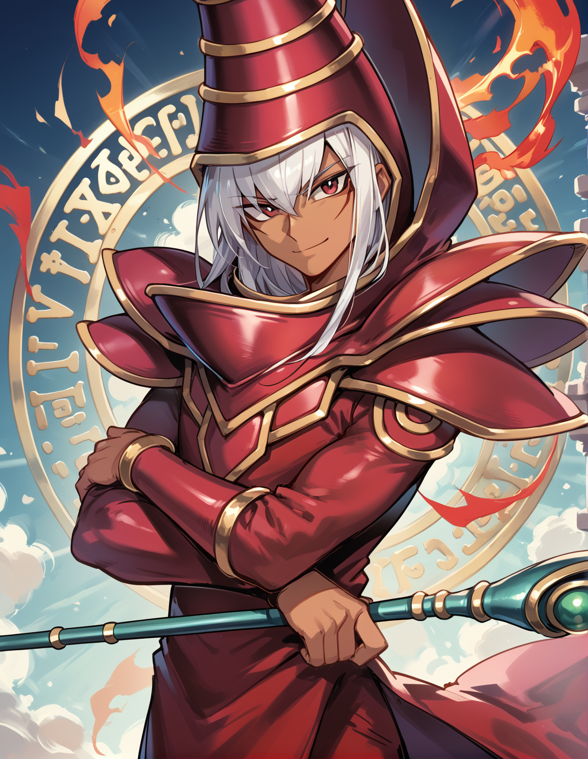(score_9:0.9),score_8_up,score_7_up,rating_safe,(zPDXL),(zPDXL3),<lora:Dark Magician ponyXL v1.2:0.72>,dark magician,1boy,male focus,solo,staff,holding staff,smile,looking at viewer,white hair,red eyes,red wizard clothes,red wizard hat,dark skin,evil smile,magic circle,crossed arms,