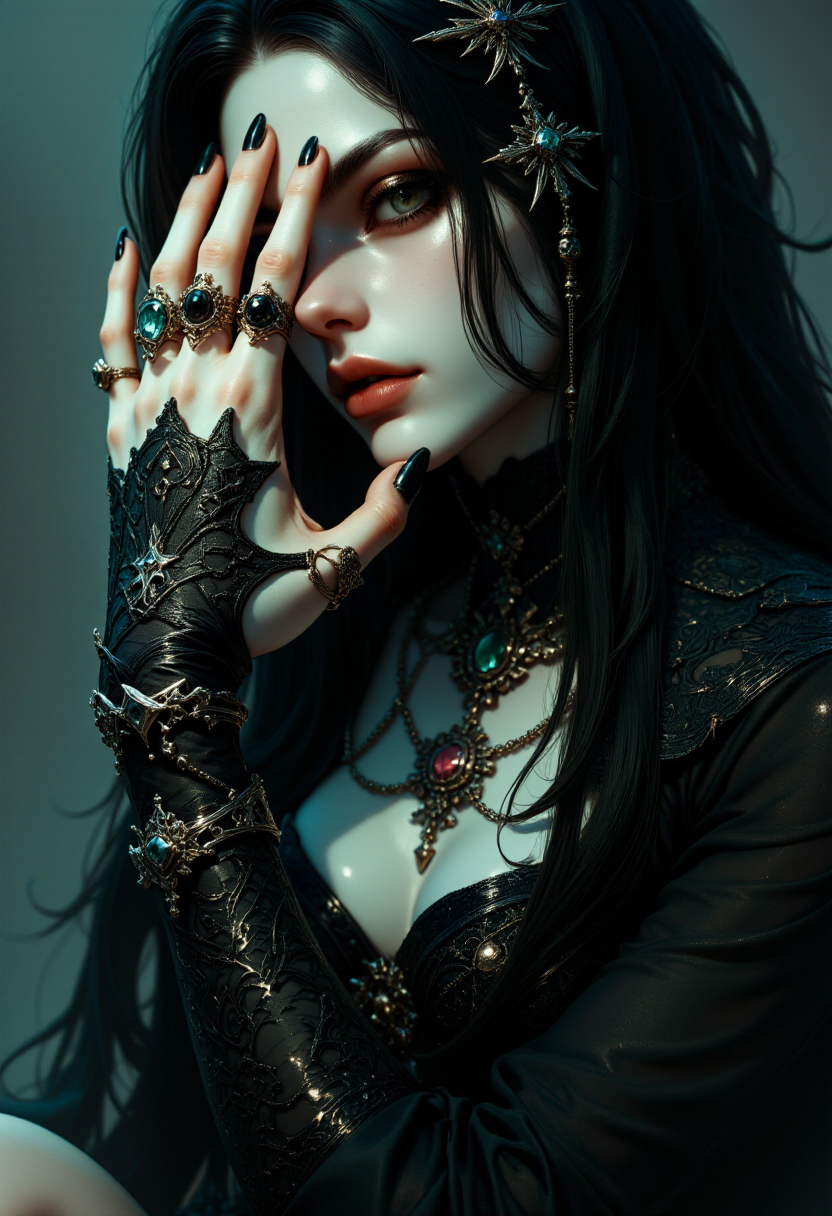 G0thicL1nes, (amazing transcendental's dream:3.5) The photo depicts a powerful gothic sorceress, her face partially hidden by her elegantly adorned hand. She has pale, slender fingers, on which several silver magical rings, set with dark gemstones like onyx and amethyst, glimmer. Her hand is decorated with mysterious tattoos that seem to pulse with a dark energy.She wears a gothic ensemble, a black velvet dress richly embroidered with occult patterns. Her long black hair frames her pale face, and her eyes, accentuated with dark makeup, shine with an intense light. Large silver necklaces, with pendants shaped like crosses and ancient symbols, rest on her chest. The background is misty, with shadows dancing around her, enhancing the mystical and sinister atmosphere of the scene, (maximum ultra high definition image quality and rendering:3), maximum image detail, maximum realistic render, (((ultra realist style))), realist side lighting, , 8K high definition, realist soft lighting, (amazing special effect:3.5).
<lora:FluxMythG0thicL1nes:1>