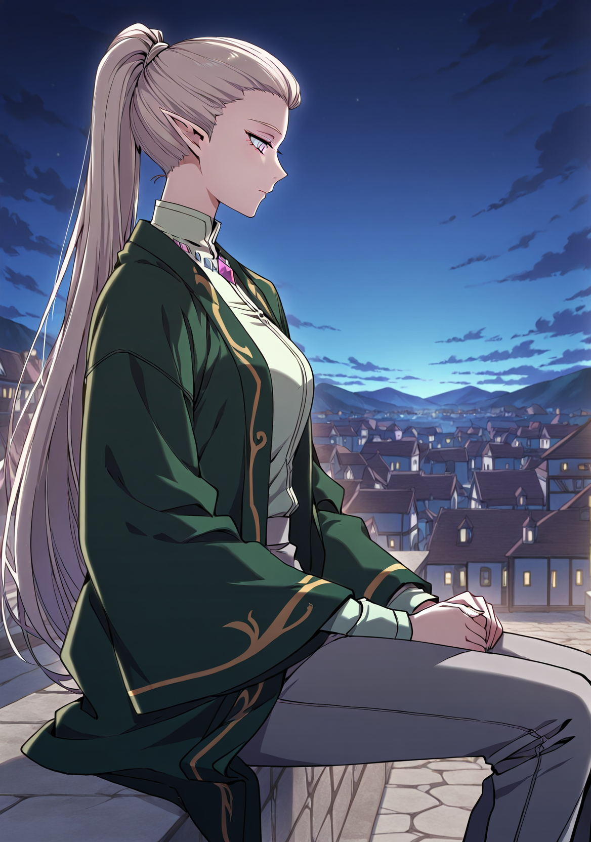 <lora:Alanis_Emeria__The_Beginning_After_the_End__Illustrious:1>
Alanis_Emeria_green_uniform_elf_gems, 1girl, solo, long white hair, ponytail, pointed ears, elf, pale skin, violet eyes, narrow eyes, green jacket, loose jacket, gold trim, wide sleeves, light green high-collar shirt, gemstone collar, purple gem, blue gem, gray pants, formal outfit, fantasy uniform
score_9, score_8_up, score_7_up, score_6_up, source_anime, masterpiece, best quality, absurdres, highres, newest, anime coloring <break>  1girl, solo, sitting, on wall, from side, town, night sky, cloud