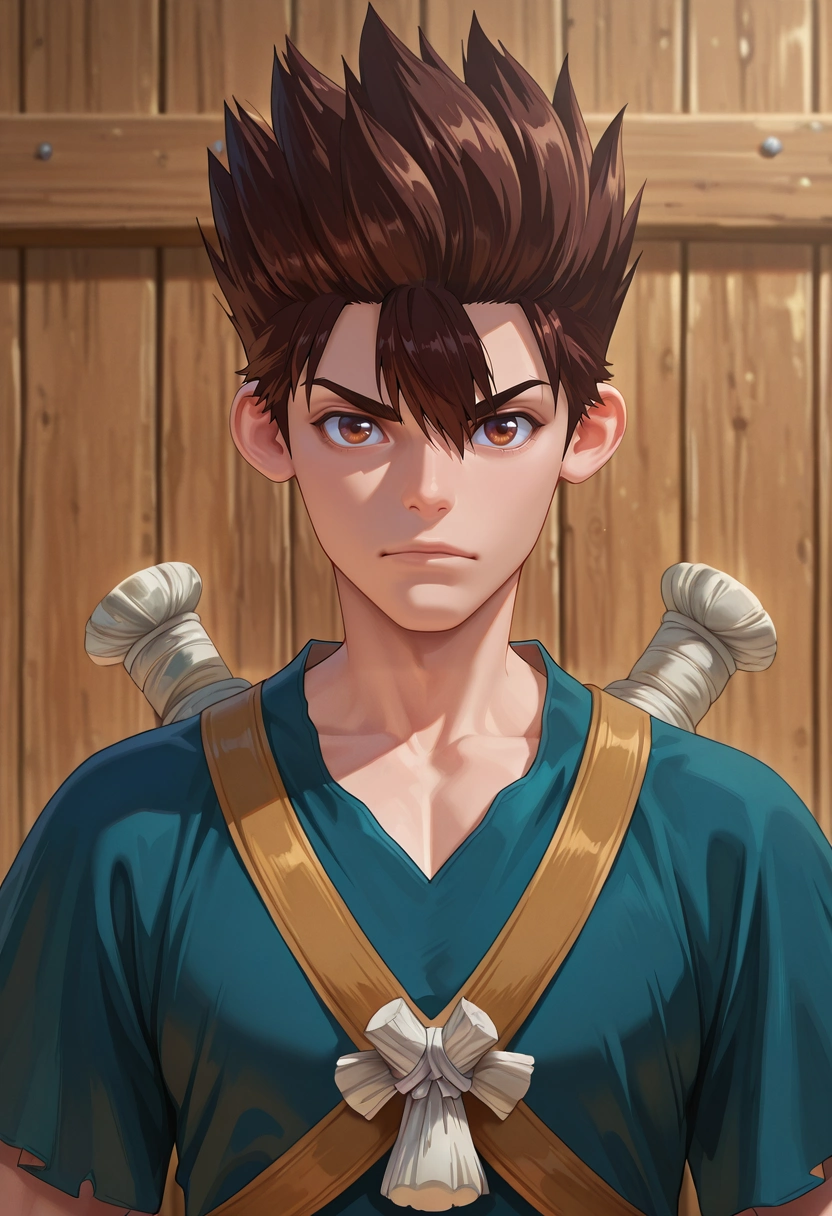 masterpiece, best quality, , semi-realistic, looking at viewer, 1boy, solo, male focus, <lora:chrome_dr_stone_ilxl:1>, chrome_dr_stone, brown hair, brown eyes, short hair, spiked hair, , ,