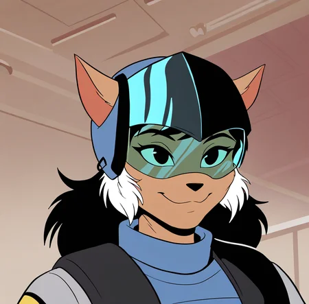 (masterpiece), (best quality), (ultra-detailed), amazing quality, very aesthetic, illustration, perfect composition, intricate details, absurdres, incredibly absurdres, felinaferal, visor, solo, smile, animal ears, white hair, helmet, two-tone hair, brown fur, body fur, cat girl, cat ears, black hair, furry female, 1girl, <lora:felinaferal_illustrious:1>