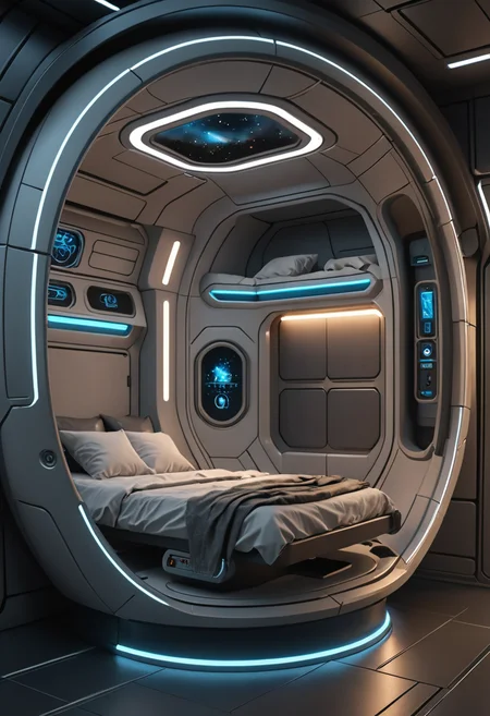 futuristic sleeping pod, hyper realistic, ultra detailed, low light, 8k UHD