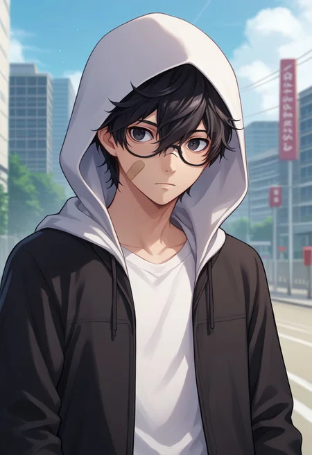 score_9, score_7_up, source_anime
1boy, male focus, solo, black eyes, black hair, hair between eyes, glasses, short hair, hoodie, white hoodie, hood, hood up, jacket, black jacket, long sleeves, open jacket, open clothes, bandaid, bandaid on face,
outdoor,