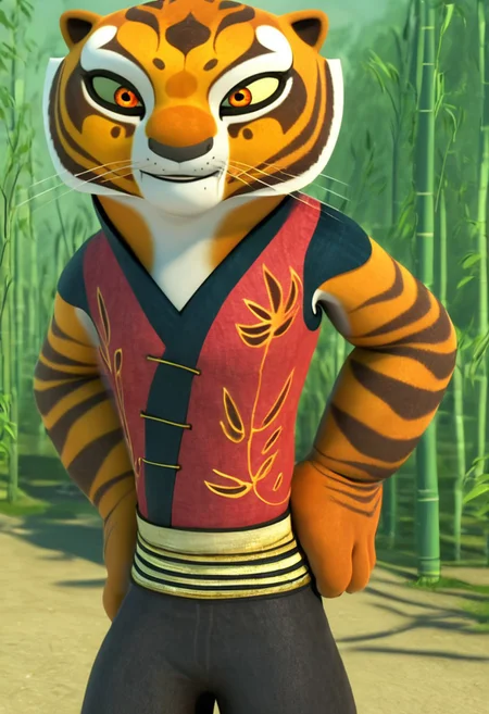 score_9, score_8_up, score_7_up, score_6_up, score_5_up, score_4_up, tigress, tiger, yellow sclera, red eyes, female, furry female, whiskers, feet, paws, orange fur, detailed eyes, orange eyes, perfect eyes, black fur design, tiger stripes, accurate, official screenshot, source, 1girl, solo, furry female, female focus, sky, bamboo, forest, red sleeveless shirt, black pants, anthro, black nose, tail, tiger tail, standing, hands on hips, looking at viewer, smile, best quality, absurd res, 4K, perfect, masterpiece,