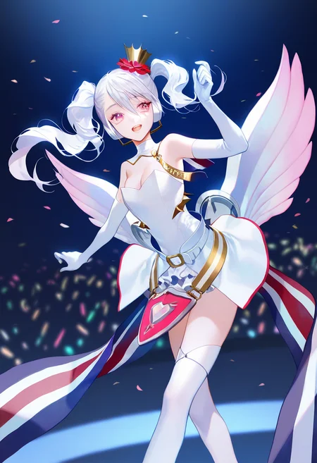 artist:gomzi,artist:wanke,artist:diyokama, rei_(sanbonzakura),[[artist:fuzichoco]],year 2023,
1girl, solo,
mu (caligula), gradient hair, pink eyes, asymmetrical twintails, mini crown, hair flower, behind-the-head headphones,
elbow gloves, white gloves, strapless leotard, white leotard, white capelet, multicolored ribbon, low wings, gradient wings, white skirt, object in clothes, detached collar, belt, cleavage,
white thighhighs, 
 concert, 
 <lora:tce-mu.ilxl:1>