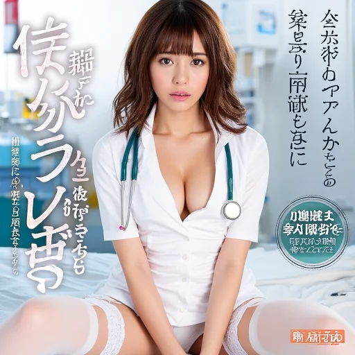 The image is the cover of a JAV Pornography. It shows a Japanese nurse with long, curly hair, dressed in a white uniform with a deep V-neck, exposing her ample cleavage. Her uniform is slightly disheveled, with the skirt hiked up, revealing white lace stockings held by garters. She's seated on a hospital bed, legs spread, with a stethoscope dangling suggestively between her breasts. The background includes medical equipment and a blurred hospital room setting. She looks distressed, with a tear running down her cheek, and her eyes are wide with fear.