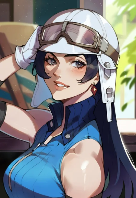 safe_pos, score_9, score_8_up, score_7_up, score_6_up, masterpiece, absurdres, source_anime, detailed,(perfect anatomy:1.1), perfect body, (perfect hands:1.2), portrait, dynamic light, solo,
BREAK
asahismtiva, long hair, black hair, helmet, goggles on head, blue dress, elbow pads, belt, sexy pose, arched back, shot from the side, looking at the viewer