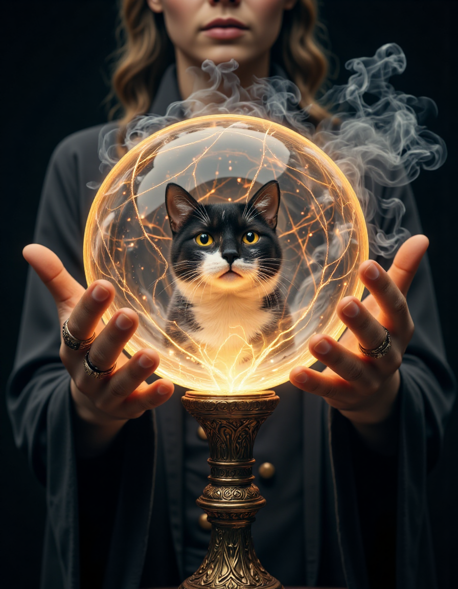 A close-up view of a mystical crystal ball made of dense, swirling smoke, with a cat inside gazing directly at the viewer. The crystal ball is partially covered by thin, intricate veins that extend from a tall, elongated bronze pillar, forming a delicate, Voronoi-style pattern around the ball. The veins leave small gaps, allowing a clear view of the glowing, smoky interior and the cat inside. Surrounding the crystal ball are two detailed hands of a witch, adorned with rings reminiscent of those from Lord of the Rings, with each finger wearing elaborate, mystical rings. The hands are delicate yet strong, placed in a conjuring gesture, as if casting a spell or summoning the magic within the crystal. The pillar, with its ornate engravings and delicate veins, serves as a supporting structure. The background is a dark, swirling fog that complements the scene, with soft tendrils of smoke drifting around, adding to the mystical atmosphere. The warm, radiant light from the swirling smoke serves as the only illumination, casting an ethereal glow on the crystal ball, the cat, and the witchâs hands, while highlighting the intricate details of the veins and the ornate pillar,<lora:Hand v2:1> Detailed hand ,<lora:aidmaMJ6.1v0.4:0.4> aidmaMJ6.1 ,<lora:aidmaGLOWV4wc:0.6> aidmaGlow,<lora:aidmaImageUpraderv0.3:0.4> aidmaimageupgrader,  <lora:zaraepoch03:1> zara2