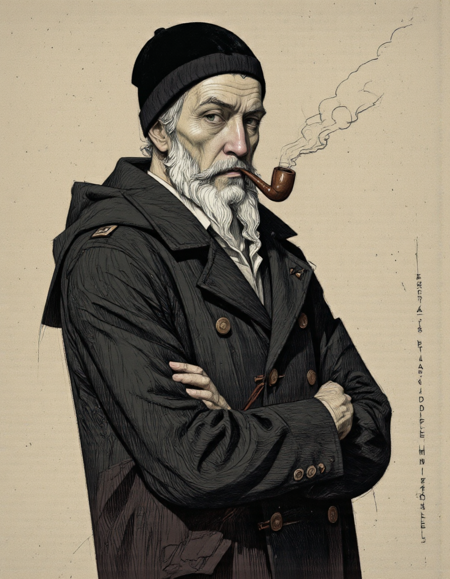 Art by Paco Gimenez. A portrait painting of a man with a long white beard and mustache, wearing a black pea coat and a black beanie, standing in the middle of the image with his arms crossed. he has a serious expression and is holding a wooden pipe in his mouth. the background is a plain light beige color, and the artist's signature "F.C.A.L.E." is visible in the bottom right corner. the man appears to be in his early twenties, with light skin, green eyes, and a full beard. he is wearing a dark coat with a hood, which is open, revealing his upper body. the painting is done in a realistic style with loose brushstrokes, giving it a slightly textured appearance.