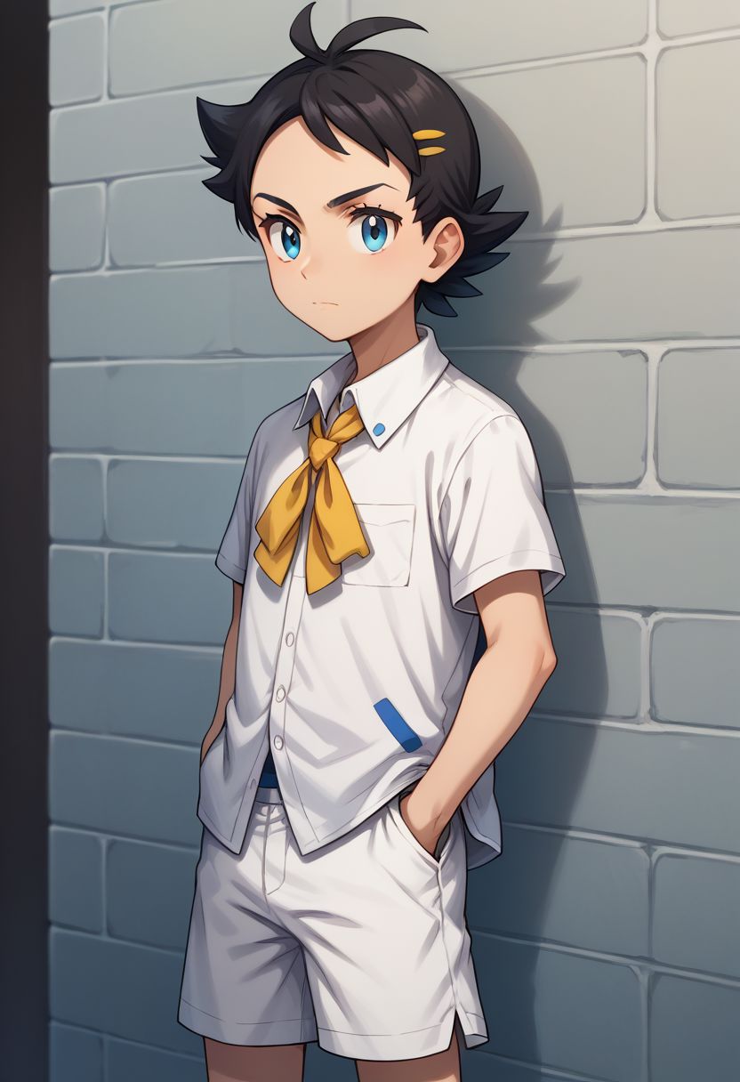 score_9, score_8_up, source_anime, highly detailed, 1boy, solo, skinny, human child,
go2, 1boy, male focus, solo, blue eyes, hands in pockets, shorts, closed mouth, antenna hair, white shorts, shirt, eyelashes, short sleeves, collared shirt, ribbon at neck, yellow ribbon, bangs,
outdoor,