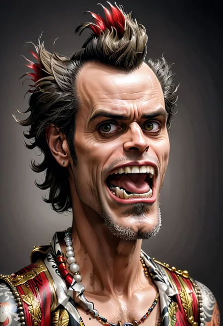 illustration, Ace Ventura, Alrighty then, Tim Burton, hyper-realistic, very detailed, micro pen art, dark vignette, film grain, sharp lines, high dynamic range, light sepia, Gray, Red And Gold Color Scheme, art by mooncryptowow