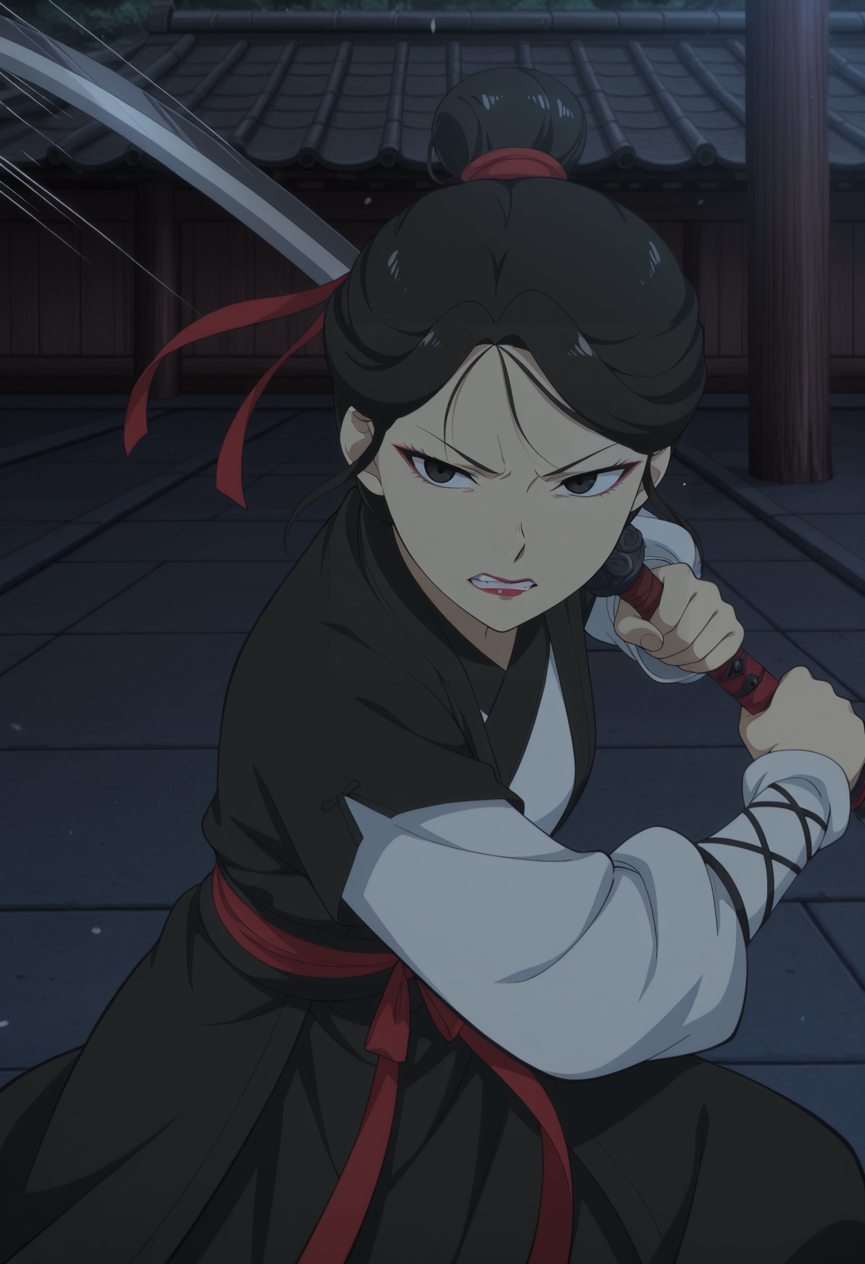 1girl,solo,mm,mature female,black hair,black eyes,makeup,lipstick,hair bun,single hair bun,hair ribbon,anime coloring,
chinese clothes,long sleeves,hanfu,holding weapon, dynamic pose, motion lines, clenched teeth, outdoors
,masterpiece,best quality,amazing quality,<lora:Qiu_WanLai-Fairies_Album:0.8>
