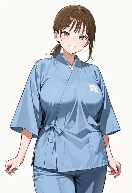 best quality, amazing quality, simple background,((outlined outlined vector graphics)),  simple background,  white background,
1girl, 20yo, brown hair, gray eyes, (large breast:1.1), (ponytail:1.1), medium hair,(curvy:1.1),bangs
solo, female focus ,,  looking at viewer ,smile, grin, ,cowboy shot, cute face , samue , blue  clothes , pants  <lora:samue-il-01:0.8>