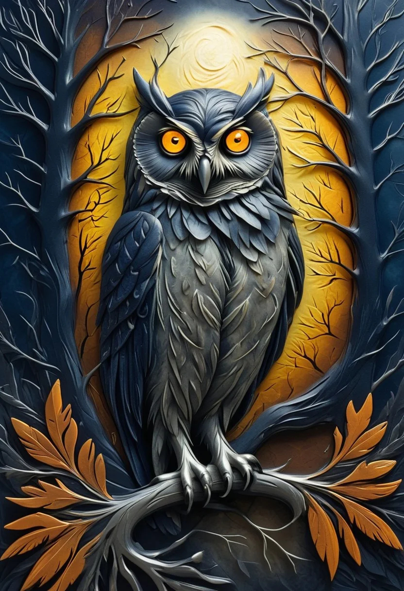 Spooky Nature Print of an Owl, Abstract Satin Texture, Dark Gradients of Indigo, Rusty Orange, and Moonlit Silver, Accents of Glowing Yellow Eyes and Shadowy Feathers, High-Gloss Finish, Enigmatic and Ghostly Forest Vibe