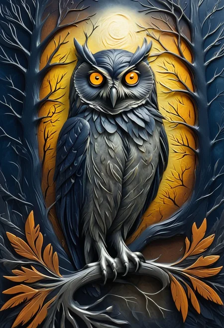 Spooky Nature Print of an Owl, Abstract Satin Texture, Dark Gradients of Indigo, Rusty Orange, and Moonlit Silver, Accents of Glowing Yellow Eyes and Shadowy Feathers, High-Gloss Finish, Enigmatic and Ghostly Forest Vibe