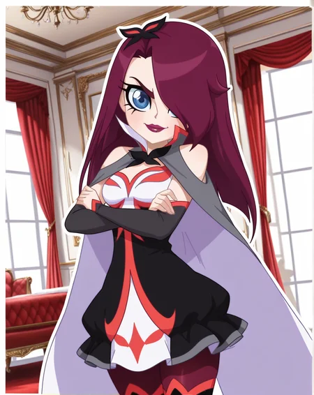 masterpiece, best quality, amazing quality, very aesthetic, absurdres, newest, solo, PraxinaZYN, 1girl, solo, purple hair, long hair, hair over one eye, blue eyes, makeup, lipstick, hair ornament, (dress, cape, shoulder cutout, detached sleeves, pantyhose, thigh boots), cowboy shot, looking at viewer, beautiful, ((beautiful face, beautiful eyes)), breasts, Wide Hips, Big thighs, standing,(smile, dutch angle, naughty pose, looking at viewer, indoors, elegant room, solo, dynamic pose, full_body, head tilt,),((white background, White frame, white outline))