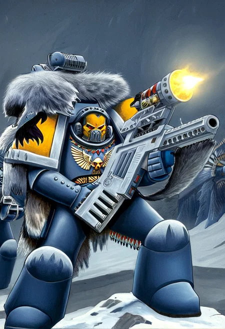Absurdres, score_9_up, Source: Warhammer40K, Spacewolves Astartes chapter space marines wielding bolter guns, gray power armor with fur trim and astartes helmets, wolf motifs, (masterpiece), best quality, expressive eyes, perfect face, 1, space marine, Painstaking Attention To Details, 1990s \(style\), Vintage, Vintage comic book cover of White Dwarf Tabletop Adventures, project unreal engine, volumetric lighting, perfect anatomy, perfect hands, detailed_eye_model, black background, graffiti, blgstyle, ImperialF40k, <lora:PeopleCountSliderLoRAv1:2.0>, <lora:756af36b-d5fa-496f-b9a1-088c62f0c527:0.7>, <lora:6f3a2b85-aa03-4ab1-9f9a-e816ad4b1121:0.7>, <lora:cf26021c-0e88-4b06-9329-8702e6590716:0.7>, <lora:_raging_flames:0.7>, <lora:warhammerAdeptus_v1:0.7>, <lora:e6084b5e-a05d-475d-8afe-925ae03a434b:2.0>, <lora:b8dcc527-1d03-4fe2-ab9e-341ce407290f:0.7>, , , ,