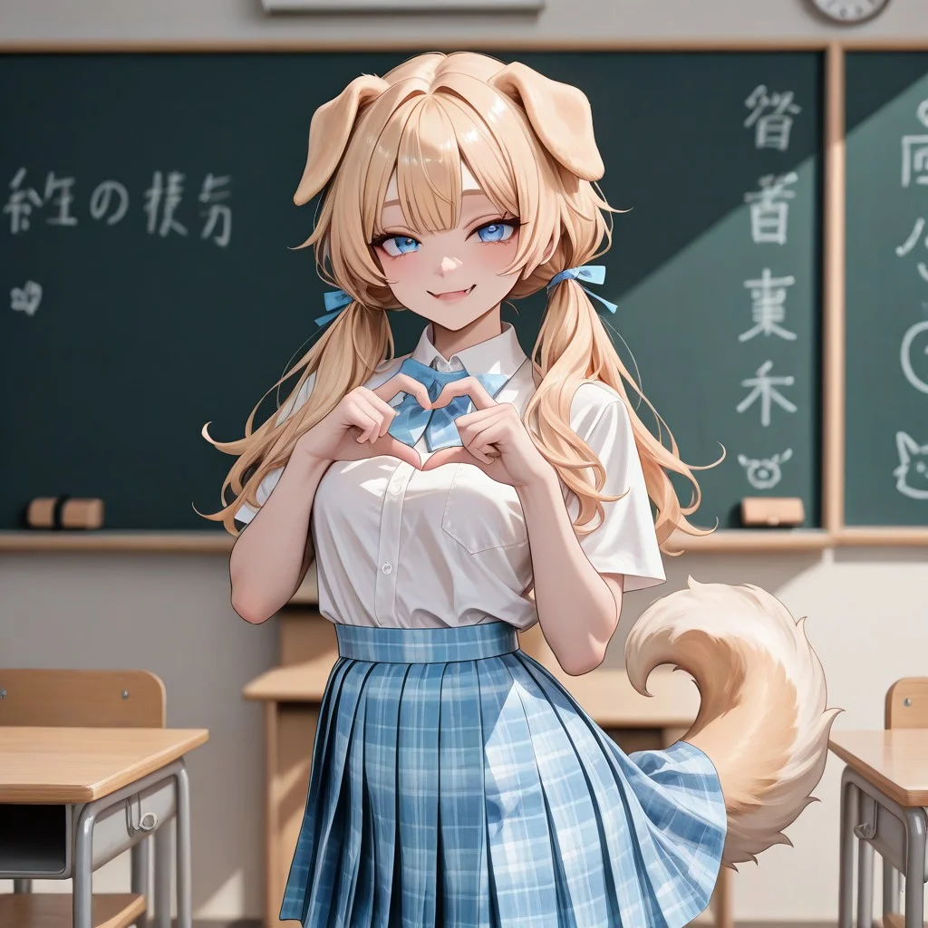 masterpiece, very aesthetic, best quality, 1girl, dog girl, dog ears, floppy ears, golden retriever tail, golden hair, long hair, high twintails with hair base, fang bangs, big eyes, blue eyes, puppy dog eyes, seductive smile, small breasts, standing, seductive pose, four finger heart hands, blue skirt, blue bow, school uniform, white shirt, plaid skirt, ksg skirt, seductive smile, blurry background, school classroom, chalkboard, windows, from front, looking at viewer, , <lora:c1221b57-de68-4f61-bf74-592496806b1b:1.0>, <lora:b859d07c-f155-4a27-9a3b-bcd1e5db7af8:0.7>