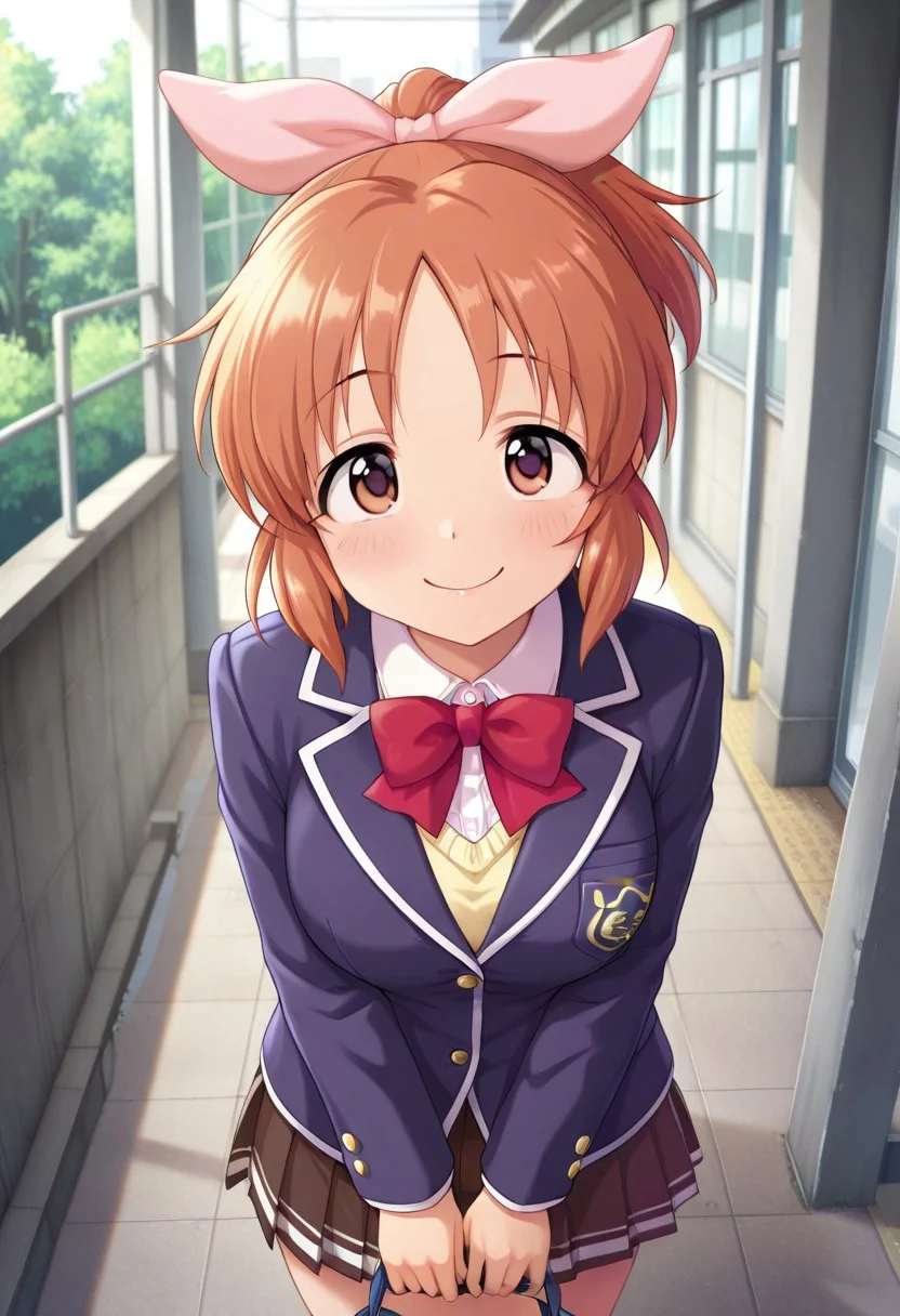 masterpiece,best quality,amazing quality, abe nana, brown hair, brown eyes, ponytail, 1girl, solo, school uniform, skirt, smile, bow, jacket, looking at viewer, hair bow, blazer, long hair