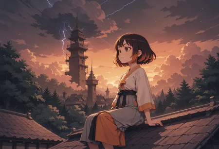 masterpiece,best quality,amazing quality, solo, vibrant, sharp lines, outlines, bold lines, anime screencap, anime coloring, sharp, detailed, clean lines, shadows, light particles, colorful, 2d, 
1girl, layered cut hair,  dark Orange hair,  black eyes,  young, thin,    short hair,     fair skin  , calm expression, 
from below, from side, sitting on the edge, 
             large belt, soft Gray clothes,
 korean clothes, simple clothes, skirt,
 storm cloud sky,   clouds,  distant forest, distant tower, rooftop, cityscape, 
 <lora:StS-Illustrious-Detail-Slider-v1.0:1> <lora:re4lity:0.4> re4lity_sync_illu <lora:capstyle:0.3> cpsle2 <lora:setcolor:0.3> setcolor <lora:anime_screencap-IllustriousV2:0.5> <lora:SweetCreamCake_IL:0.6> <lora:feet_anime_il_v3:1> <lora:Mimizunooka-ArtStyle:0.3> n00k4-style <lora:LitSilium-ArtStyle:0.3> s1l1um-style <lora:- iLL - the_edgy_mech_V3.0:0.4> <lora:BSS_GLSHS-IL:0.2> GLSHS, delicate colors, partially illuminated, <lora:S4bit4mago:0.5> S4bit4mago_illu,