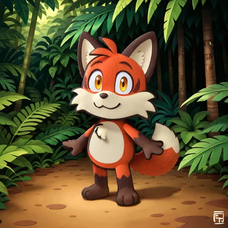 (((stkrstar:1))), furry, cute, solo, 1boy, smile, looking at viewer, fox, kitsune, red markings, jungle, dense jungle