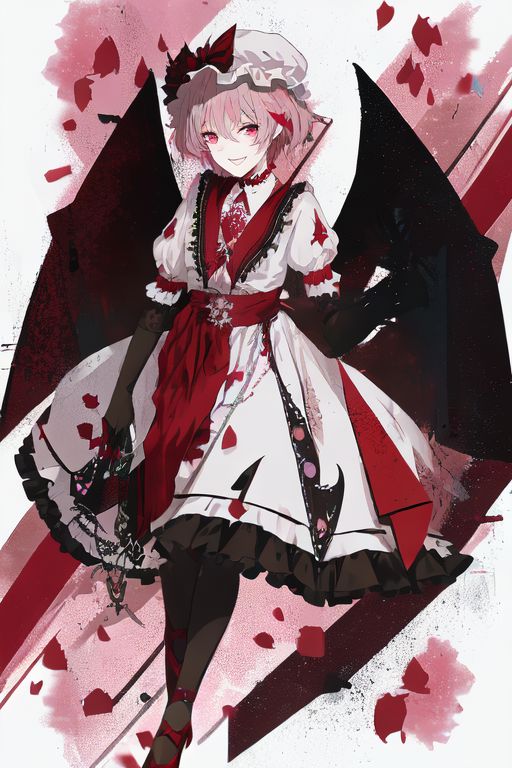 embroidery, jewelery, gown, frills, gloves/elbow gloves, high heels/shoes, pantyhose/thighhighs, remilia_scarlet_(koumajou_densetsu), solo, 1girl, smile, short_hair, shirt, red_eyes, bow, blush, hat, ribbon, dress, hair_ornament, frills, blue_hair, jewelry, puffy_sleeves, short_sleeves, red_bow, wings, mob_cap, nail_polish, pink_eyes, flower, ascot, pantyhose, sidelocks, detached_sleeves, hat_ribbon, shoes, pointy_ears, grin, wrist_cuffs, bat_wings, sword, fingernails, white_headwear, black_pantyhose, high_heels, hat_bow, collar, fang, sash, black_gloves, choker, petals, white_dress, fingerless_gloves, polearm, lips, hair_flower, expressionless, frilled_sleeves, hat_flower, brooch, pink_dress, red_sash, armband, sharp_fingernails, frilled_dress, collared_dress, coat, wing_collar, red_footwear, spear_the_gungnir, long_fingernails, light_purple_hair, eyelashes, bridal_gauntlets, cross, clenched_teeth