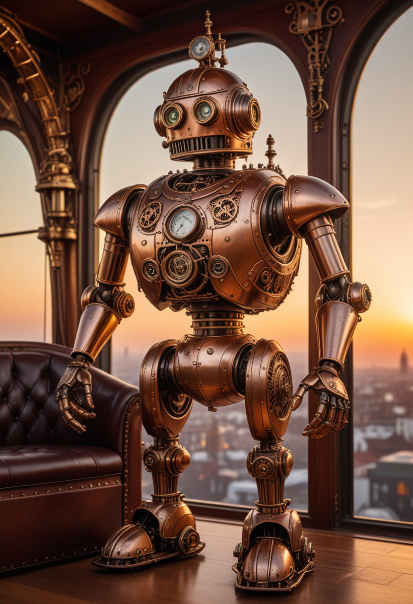 (medium full shot) of antique steampunk robot, copper body, with gearwork, helmet with intricate designs, piston-driven legs, clockwork device, set in  an elegant airship, featuring polished brass fittings, intricate ironwork, stylish seating, and sophisticated decor , during sunset, Masterpiece,best quality, photo, realistic, very aesthetic