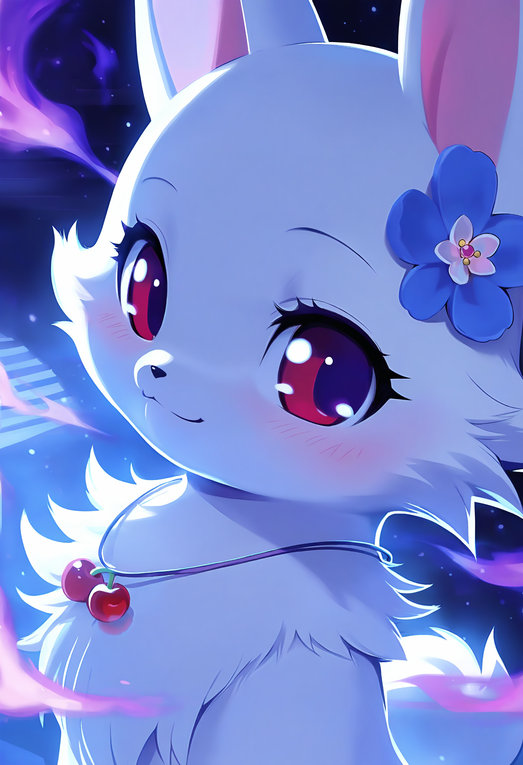 masterpiece, jewelpet, animal, Furry, white fur, red eyes, pink ears, flower hair, star hair ornament, cherry necklace, blush, smile, starry sky, blue purple theme, , fiery aura
<lora:Maid Magic_Furry-V1:0.8>
