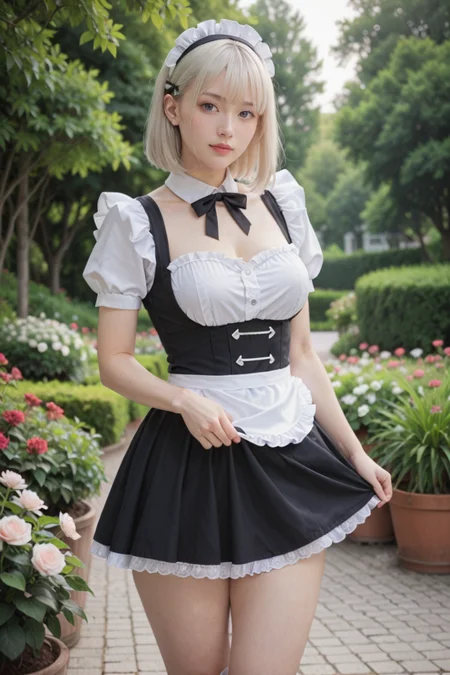 score_9, score_8_up, score_7_up,
1girl,solo,realistic,
beautiful face,beautiful eyes,bangs,hair bangs,looking at viewer,blush,
white hair,medium hair,straight hair,
maid,short skirt,maid_headdress, maid_apron,ribbon, lace-trimmed,frills,black skirt,
(thick thighs:1.2),wide hips,curvy, large breasts, pull down pants, pubic hair,
skirt hold,
white skin,pale skin,mole,sweat,
cute,gentle, garden, flowers, backlight, fog,
<lora:ZSNR-VPXL00-01D:10:lbw=0,1.5,1.5,1,1,1,1,1,1,1,1,1,0,1.5,1.5,0>