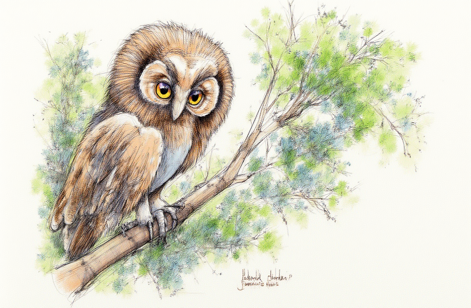 Sharp image of a rough sketch, rendered in vibrant multi colour ballpoint pen, capturing the adorable features of a close-up of an owl perched on a tree branch. The owl is facing towards the right side of the image and its head is turned slightly to the left. It has large, round, orange eyes that are piercing and appear to be looking directly at the camera. Its feathers are a mix of brown and grey, with a hint of white on its chest and wings. The tree branch is covered in green leaves, and the background is blurred, but it appears to be a wooded area with trees and foliage.  p3nsk, <lora:p3nsk:1>