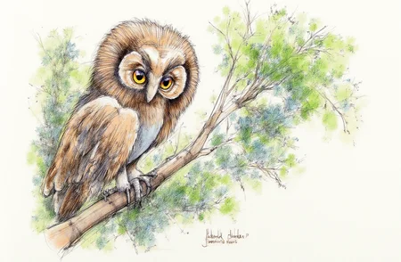 Sharp image of a rough sketch, rendered in vibrant multi colour ballpoint pen, capturing the adorable features of a close-up of an owl perched on a tree branch. The owl is facing towards the right side of the image and its head is turned slightly to the left. It has large, round, orange eyes that are piercing and appear to be looking directly at the camera. Its feathers are a mix of brown and grey, with a hint of white on its chest and wings. The tree branch is covered in green leaves, and the background is blurred, but it appears to be a wooded area with trees and foliage. p3nsk, <lora:p3nsk:1>