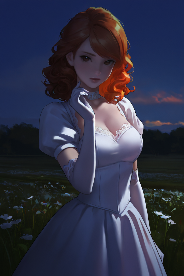masterpiece, best quality, highres, newest, low light, dark, 1girl, solo, medium hair, curly hair, wavy hair, orange hair, swept bangs, brown eyes, lips, lipstick, looking at viewer, medium breasts, choker, medium dress, white dress, lace trim, puffy sleeves, puffy short sleeves, short sleeves, gloves, elbow gloves, white gloves, hand up, cowboy shot, closed mouth, standing, outdoors, field, flower, grass, plant, sky <lora:NAI3 Smooth Boys - Low Light [LoRA] - NoobAI-XL EPS 1.0:0.8>