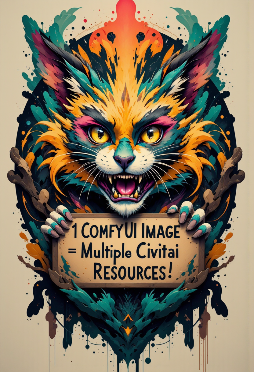 high quality, ultra detailed, colorful, abstract, fantasy. Cat with a fierce look, holding a sign written "1 ComfyUI Image = Multiple Civitai Ressources!"., bo-abstract, aidmainkstyle<lora:FLUX\aidmaInkStyle-FLUX-V0.1.safetensors:0.8:0.8> <lora:FLUX\boFLUX AbstractMorph.safetensors:0.8:0.8> <lora:FLUX\Enhancer\FluxDFaeTasticDetails.safetensors:0.6:0.6>