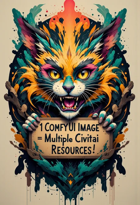 high quality, ultra detailed, colorful, abstract, fantasy. Cat with a fierce look, holding a sign written "1 ComfyUI Image = Multiple Civitai Ressources!"., bo-abstract, aidmainkstyle<lora:FLUX\aidmaInkStyle-FLUX-V0.1.safetensors:0.8:0.8> <lora:FLUX\boFLUX AbstractMorph.safetensors:0.8:0.8> <lora:FLUX\Enhancer\FluxDFaeTasticDetails.safetensors:0.6:0.6>