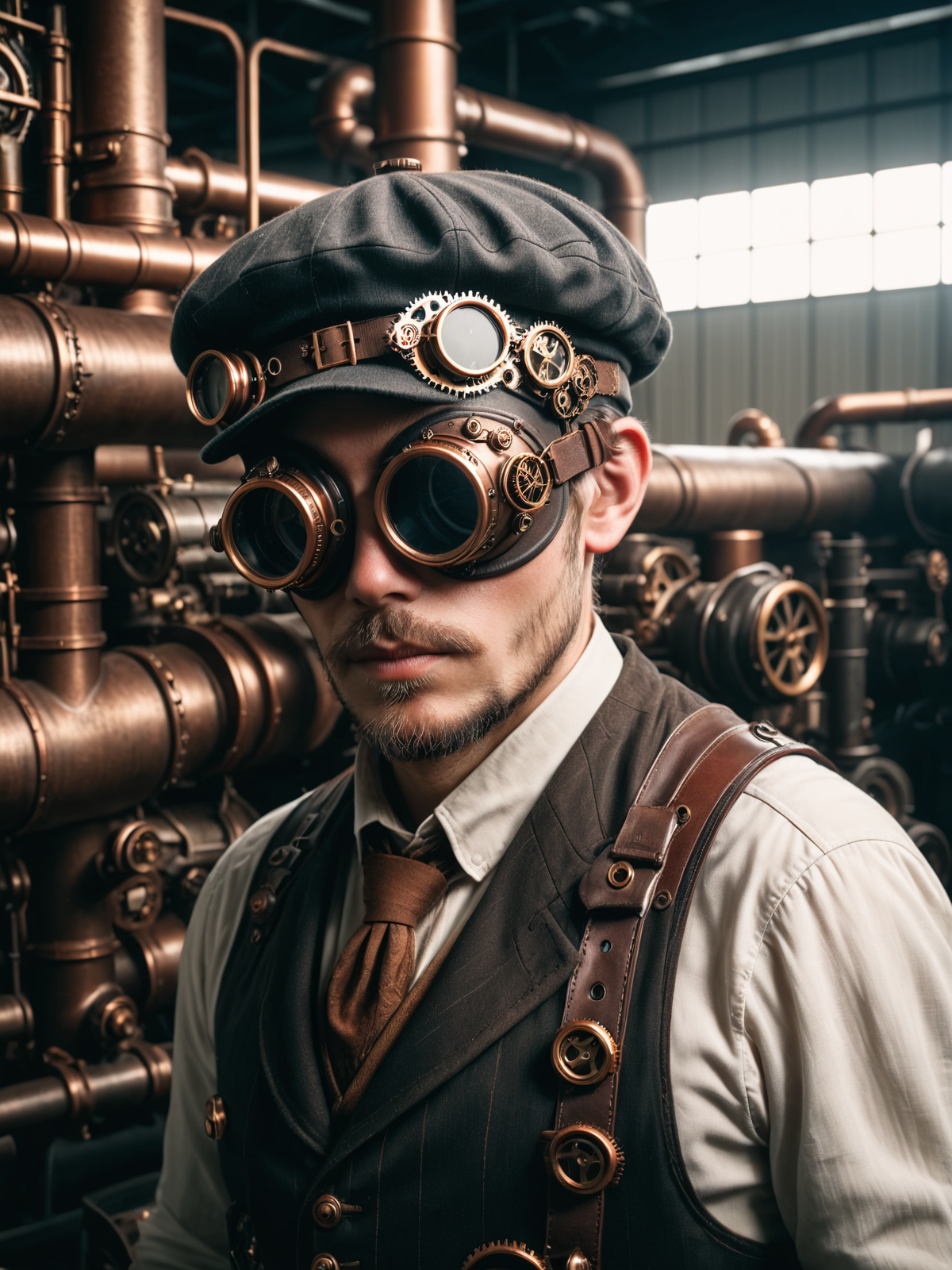 man wearing a mad-stpk-ggls goggles and mad-stpk-flcp flatcap, steampunk,  factory,  pipes, tanks, steam,  <lora:Gearbound_Steampunk_Chic_2_SDXL:0.9>, raw photo, film grain, Fujifilm XT3, (photorealistic, realistic:1.2), deep shadow,  8k, uhd, dslr, ultra high res