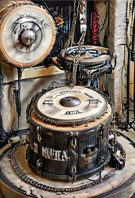 Ultra realistic with high quality and ultra detail with excellent focus and contrast, photorealistic image style, ultra realism, high definition of 1 object drums, mystical and fantastic style, in leather and chains attached to it, propped large tonearm with amplifier, engraved with elements characteristic of rock metal style music, ((outlined with elements of metal style music))