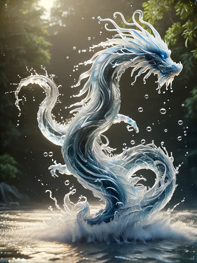(watercd:1.2, brightness, transparent:1.3) chinese dragon, east dragon, (abstract:1.3), (solo:1.2), flying, water drop, dropping, no humans, high quality, masterpiece, realistic, photorealistic, (outdoors, on the surface of the water, the water splashed in all directions, full body, close-up), <lora:watce-sdxl:1> watce