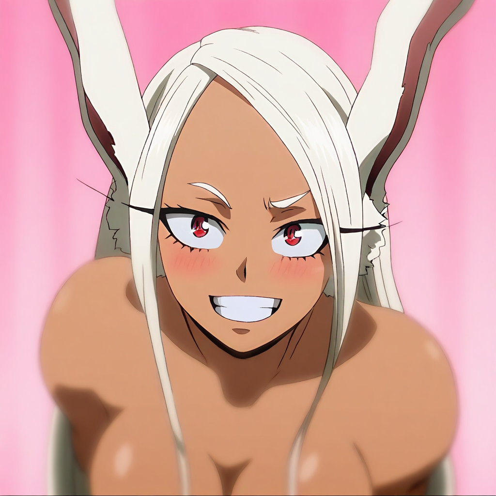 T5UM4N3T0R1, an anime styled image, masterpiece, absurdres, solo, facing viewer, anime style, anime lineart, 1girl, Mirko\(my hero academia\), my hero academia, Mirko, dark-skinned_female, white hair, grin, (detailed eyes, beautiful red eyes), blush, uncensored, hentai, pink theme, depth of field, dynamic
