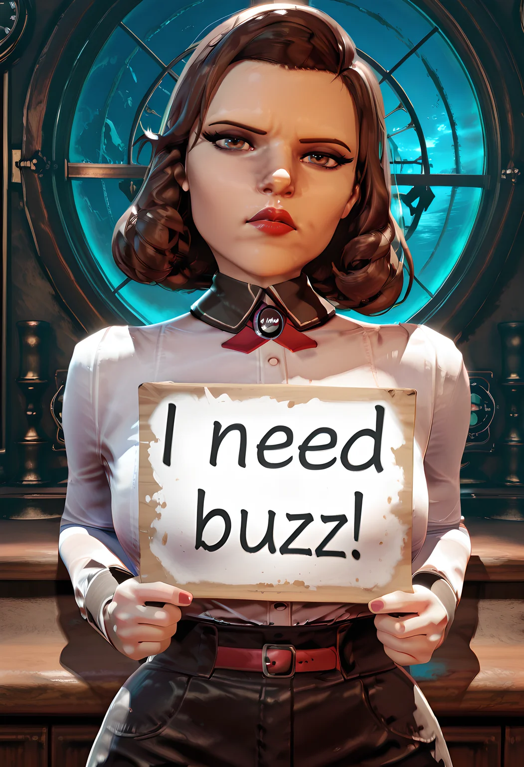 ((Bioshock Rapture Under the Deep Sea Window Background))
<lora:Elizabeth_Burial_at_Sea:1> elizabeth_burial_sea, white button-up blouse with black collar, red choker, black trousers, shoulder length dark brown hair, curled ends, side-parted, looking at viewer
<lora:NeedBuzz_sign_Illustrious:1> ((need_buzz)), holding sign, unimpressed
