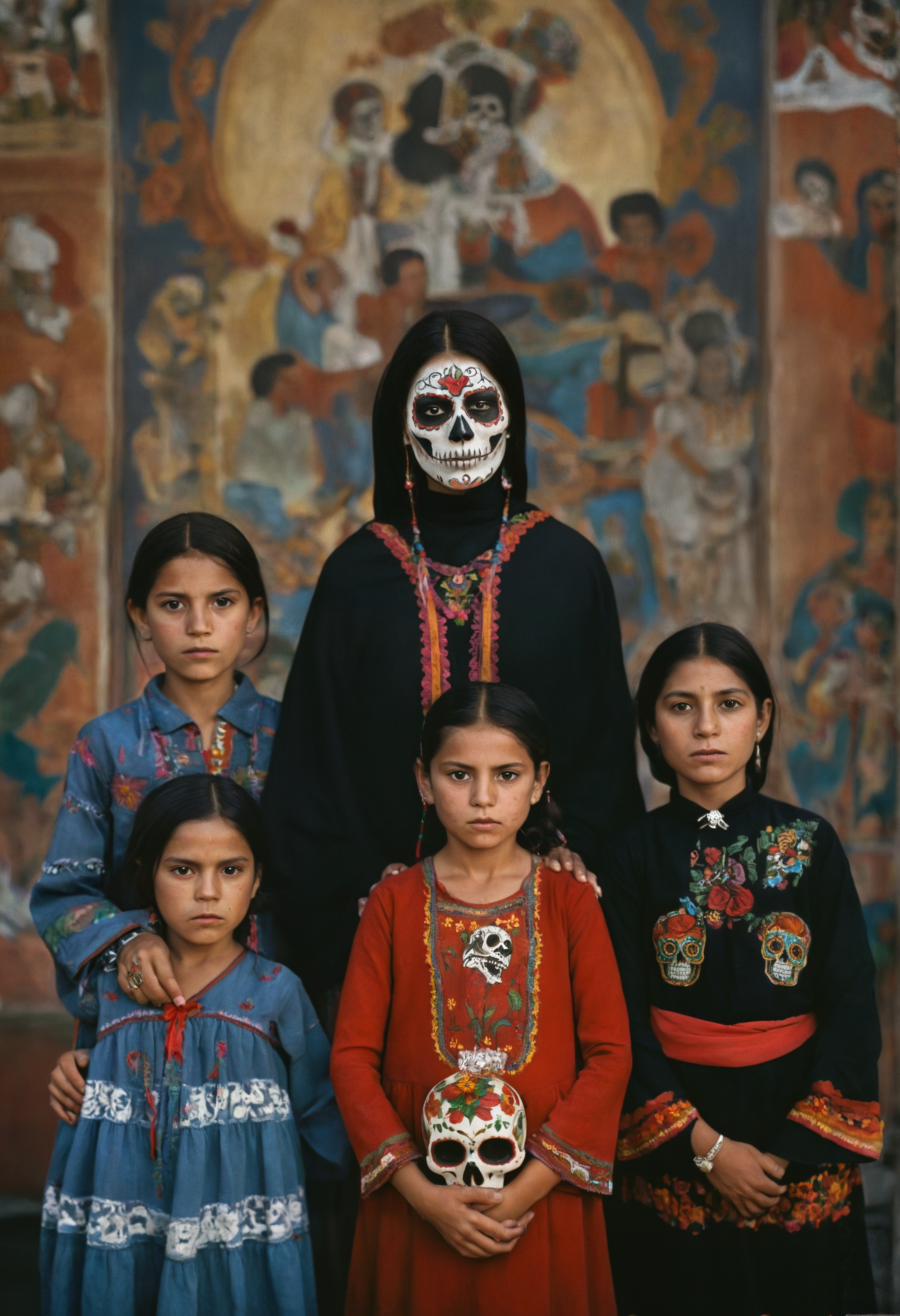 Photography in (stvmccrr style), a mexican family, dia des muertes, cultural portrait, emotive humane photography, analog film, film grain, kodachrome, intricate details, insanely detailed, natural lighting, 8k, hdr, masterpiece, award winning photography