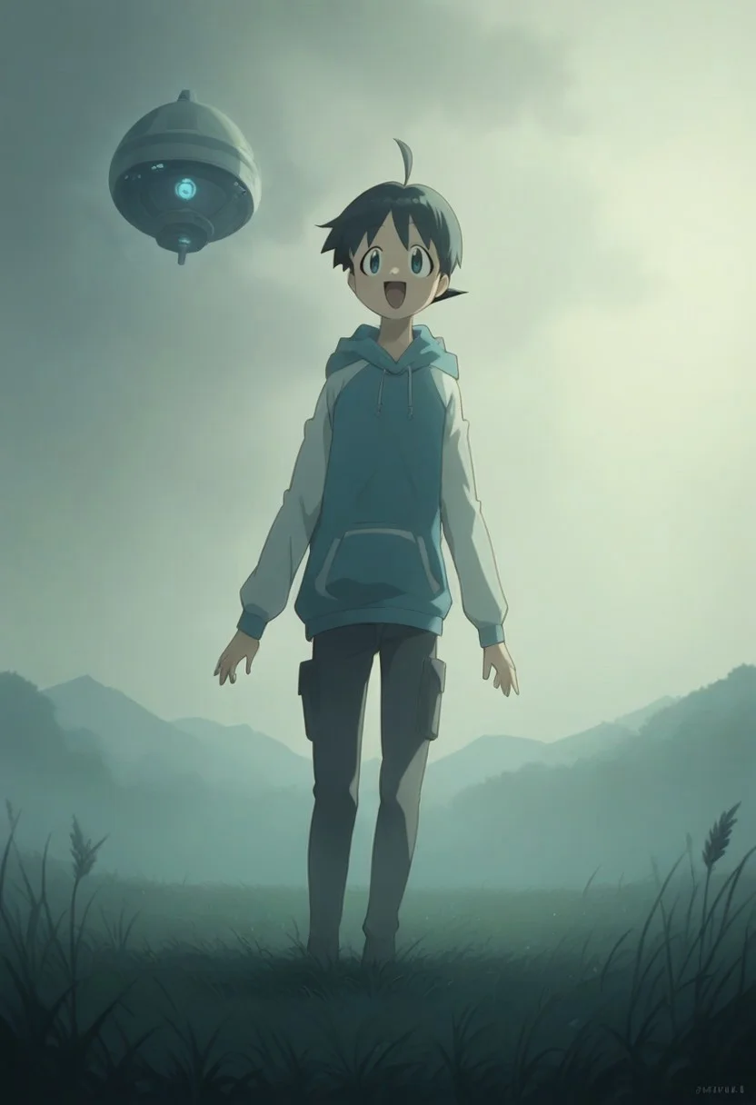 score_9, score_8_up, score_7_up, source_anime, 1boy, solo, fuyuki hinata, dark blue hair, short hair, dark blue eyes, ahoge, smile, open mouth, hood, hoodie, long sleeves, Cornfield abduction, Spectral lights, A hovering spaceship, alien spaceship, beam of light, outdoors
<lora:AlienAbduction01-00_CE_SDXL_64x32x120x2bOT:1> alnabdctnCE style