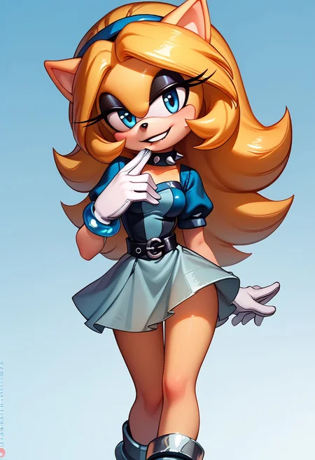 score_9, score_8_up, score_7_up, score_6_up, g0thicPXL, 1girl, 1girl, solo, goth girl, maria_robotnik, sonic_(series), hedgehog_girl, eyeliner, eyeshadow, blue eyes, long blond hair, blue_hairband, black lips, seductive smile, pretty face, spiked collar, white_gloves, blue_dress, medium skirt, shoes, blue_footwear, sexy pose, smile, grin, cute, sexy pose, lewd expression, wide hips, medium breasts, standing, biting one of her nails.