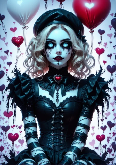 score_9, score_8_up, score_7_up, score_6_up, mynewfantasy, Dark beauty, solo, blonde girl, smeared red makeup under eyes, black-and-white striped outfit, heart symbols on sleeves, red and white balloons, gothic mime style, black beret, pale skin, icy blue eyes, dark eyeliner, melancholic expression, seated, knees pulled close to chest, arms resting on knees, corset top, black gloves, carnival theme, eerie atmosphere, haunting elegance, emotional intensity