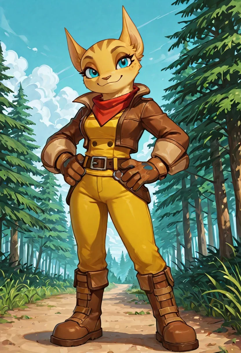 CSLSITS, furry, blue eyes, female furry, yellow skin, boots, brown footwear, pants, yellow pants, belt, gloves, shirt, yellow shirt, jacket, brown jacket, long sleeves, bandana, red bandana, neck bandana, solo, furry, 1girl, female, sky, blue sky, clouds, forest, vibrant colors, winking, looking at viewer, hands on hips