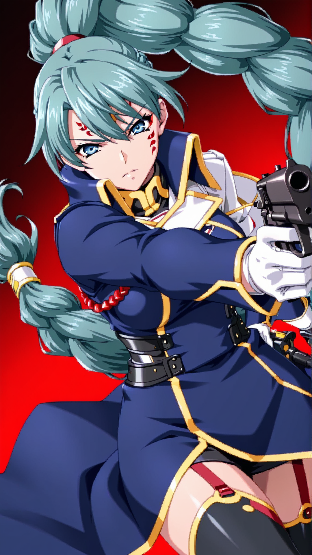 source_anime, general, best quality, masterpiece, 1girl,  <lora:Fu-Lu_Mu-Lu_ill_v1.0:1> fu-lu_mu-lu\(srw\),green hair , blue eyes, facial mark,braid, very long hair, braided ponytail,single braid, military uniform,thighhighs, white gloves, dynamic pose, dutch angle, serious,holding gun,